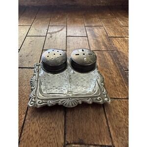 Vintage Miniature Glass Salt Pepper Shaker Set with Ornate Silver Plated Tray